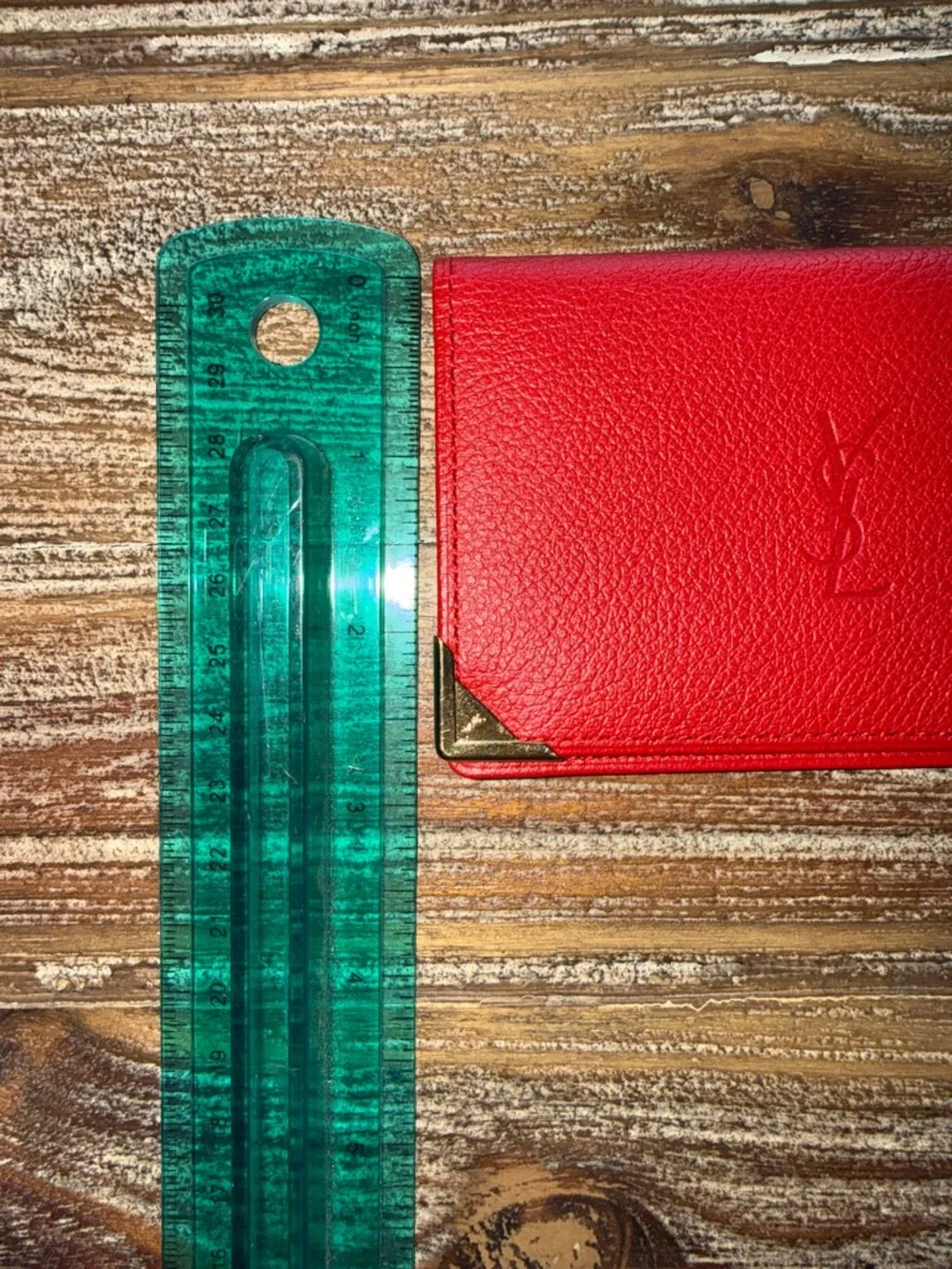 Yves Saint Laurent Red Leather Card Holder with Gold Corner Accents